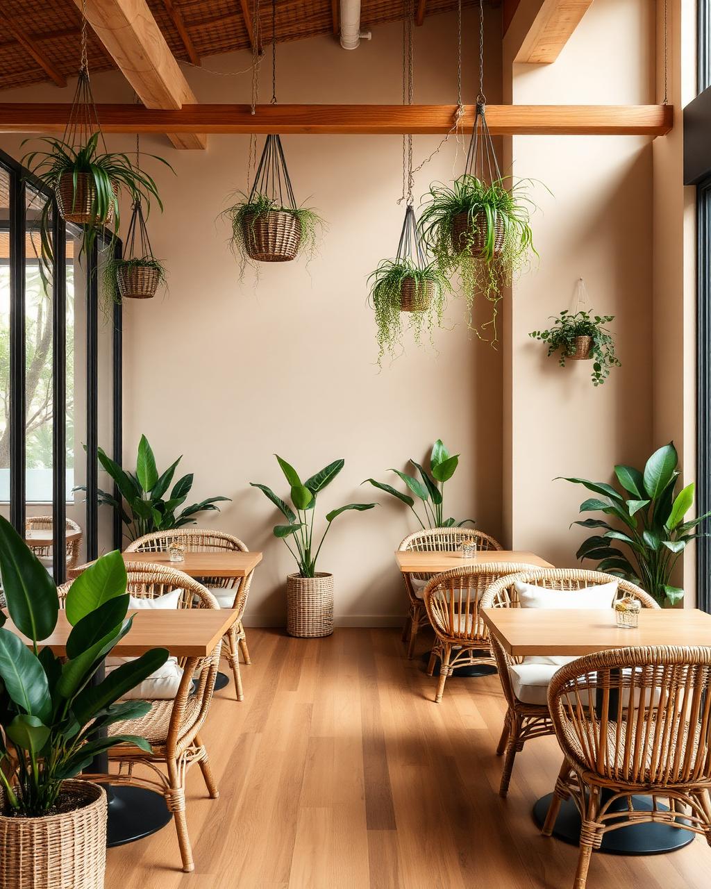 Cozy interior of Canggu Habit Cafe with rattan chairs and tropical plants