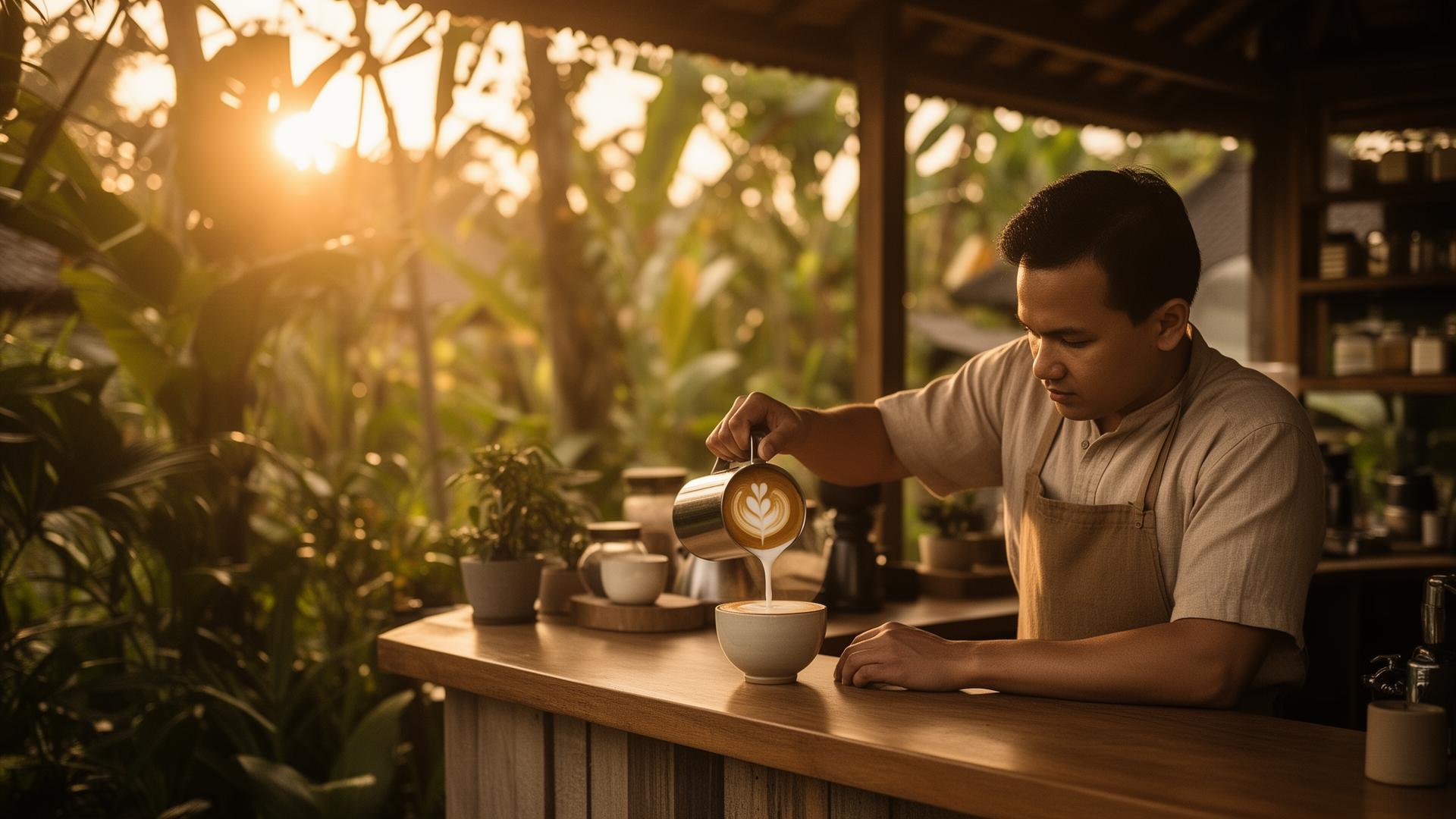 Barista pouring latte art at sunset in a Canggu, Bali cafe